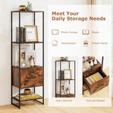 Tangkula 4-Tier Bookshelf with Drawer, 62.5” Tall Narrow Bookcase with Metal Frame & Anti-tip Kits, 4 Open Shelves & Pull-Out Drawer, Modern Slim Display Storage Rack for Living Room Study (2, Brown) Tangkula