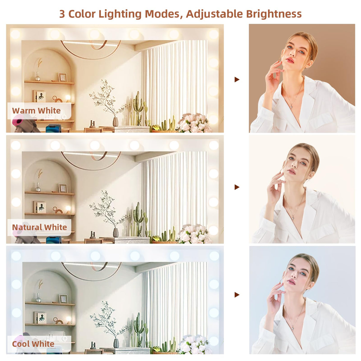 SMOOL Vanity with Lighted Mirror, Makeup Vanity Desk with Power Outlet and LED Bulbs, 3 Color Lighting Modes Adjustable Brightness, 7 Drawers Vanity Table with Cushioned Stool for Bedroom, Marble SMOOL