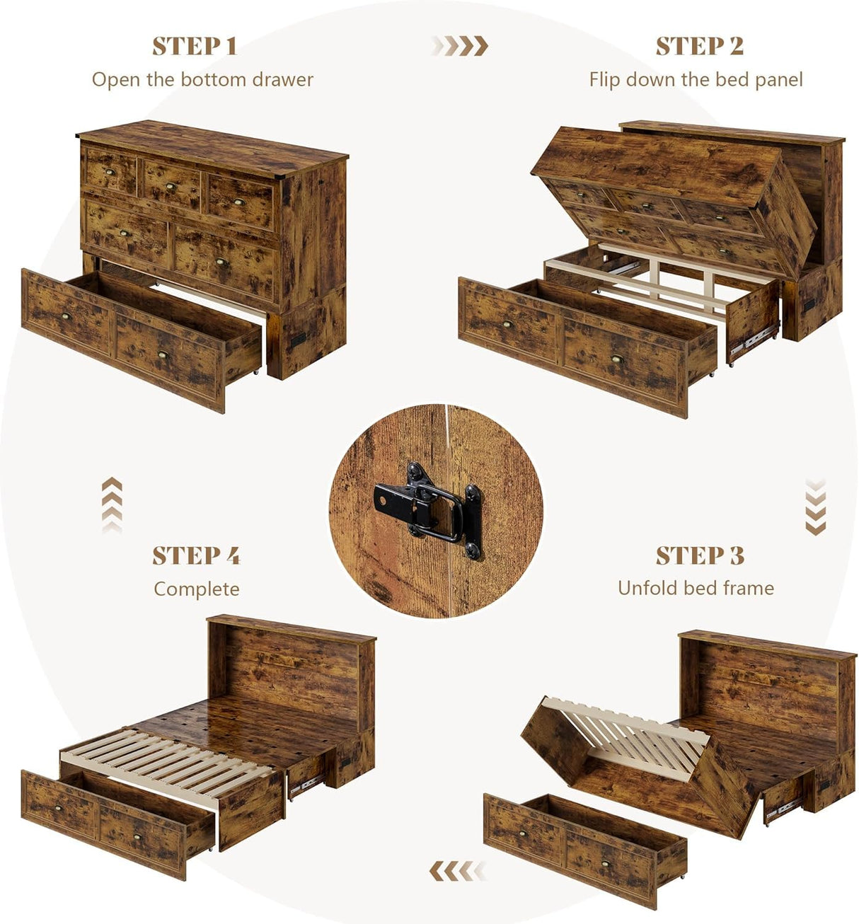 AMERLIFE Farmhouse Murphy Bed, Full Size Wooden Cabinet with Charging Station and Storage Drawer for Bedroom/Office/Guest Room, Rustic Brown AMERLIFE