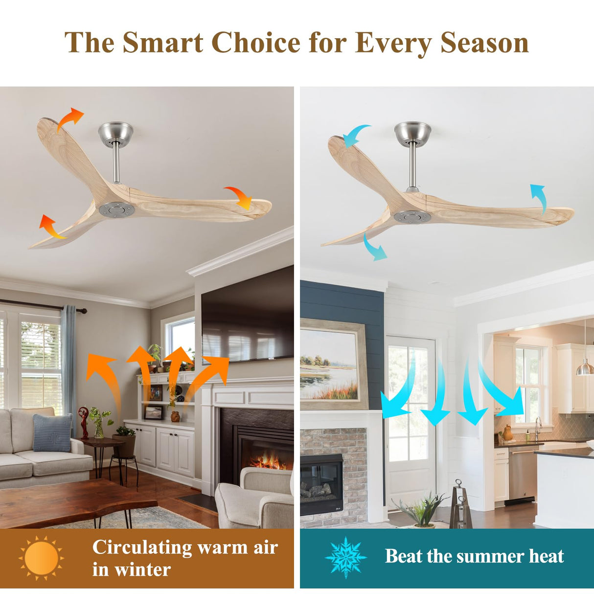 DefinElegant 52" Modern Ceiling Fan, No Light, 6-Speed, Reversible, Timed Shutdown, DC Motor, Natural Wood 3 Blade, Porch, Bedroom, Living Room DefinElegant