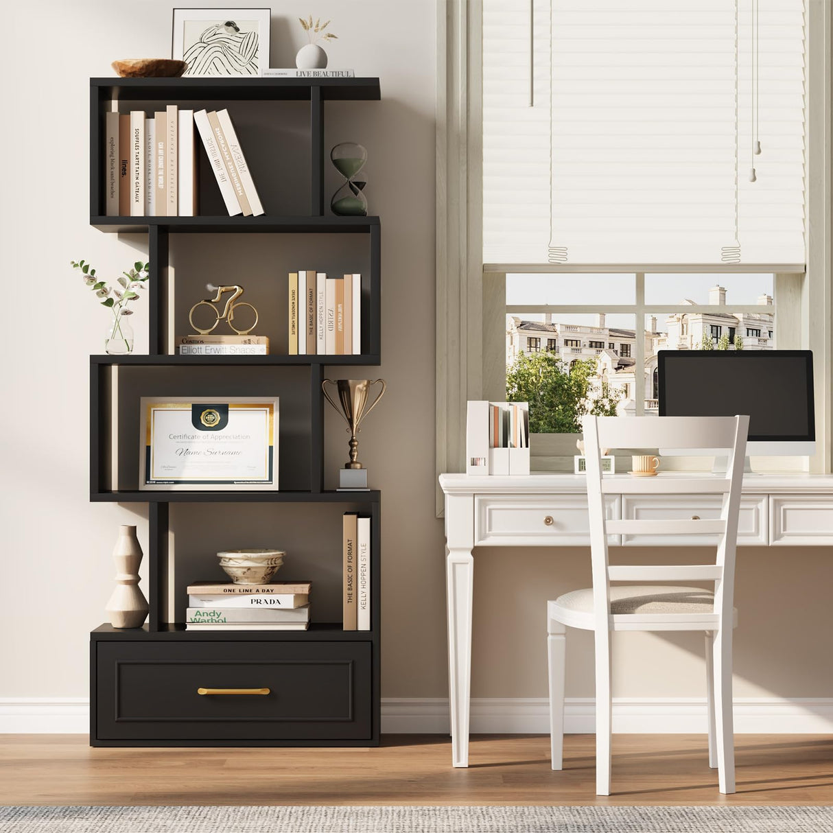 Geometric Bookshelf, 59” Tall S Shaped Bookshelf with Drawer, 5 Tier Bookshelf with Anti-Tipping Device, Wood Geometric Open Storage Display Shelf for Living Room,Study Room,Office,Bedroom(Black) HOTLUU