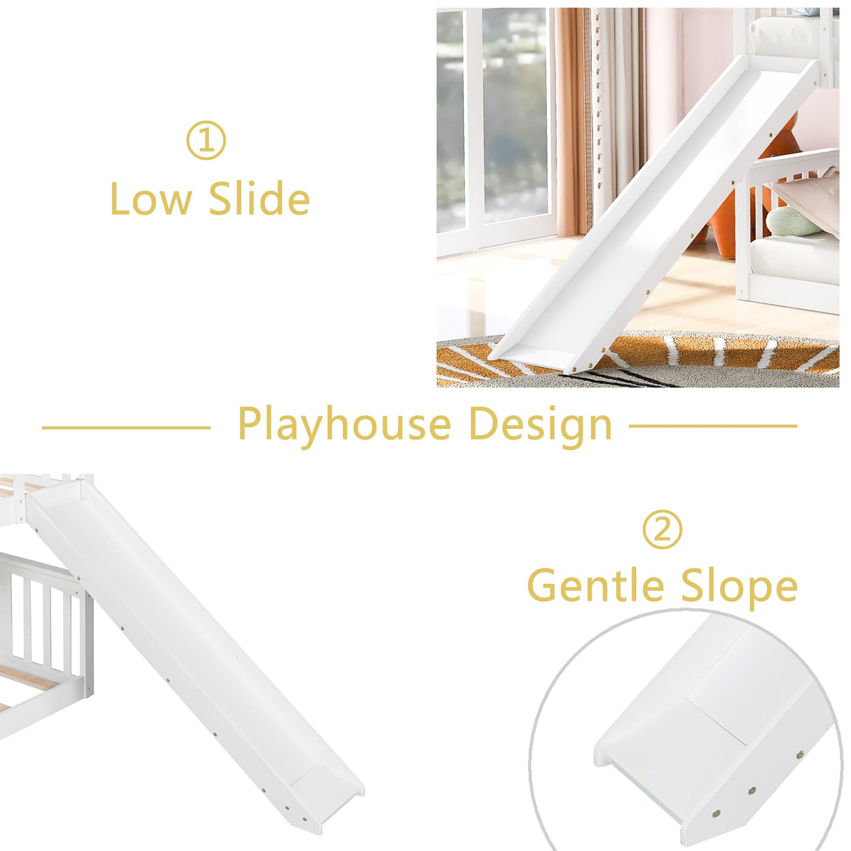 Montessori Floor Bunk Bed Twin Over Twin, Twin Bunk Bed with Slide and Ladder, Kids Bunk Beds with Guardrail Headboard and Footboard, Low Bunk Beds for Kids, Boys, Girls, Twin Bunk Bed White Bellemave