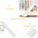 Montessori Floor Bunk Bed Twin Over Twin, Twin Bunk Bed with Slide and Ladder, Kids Bunk Beds with Guardrail Headboard and Footboard, Low Bunk Beds for Kids, Boys, Girls, Twin Bunk Bed White Bellemave