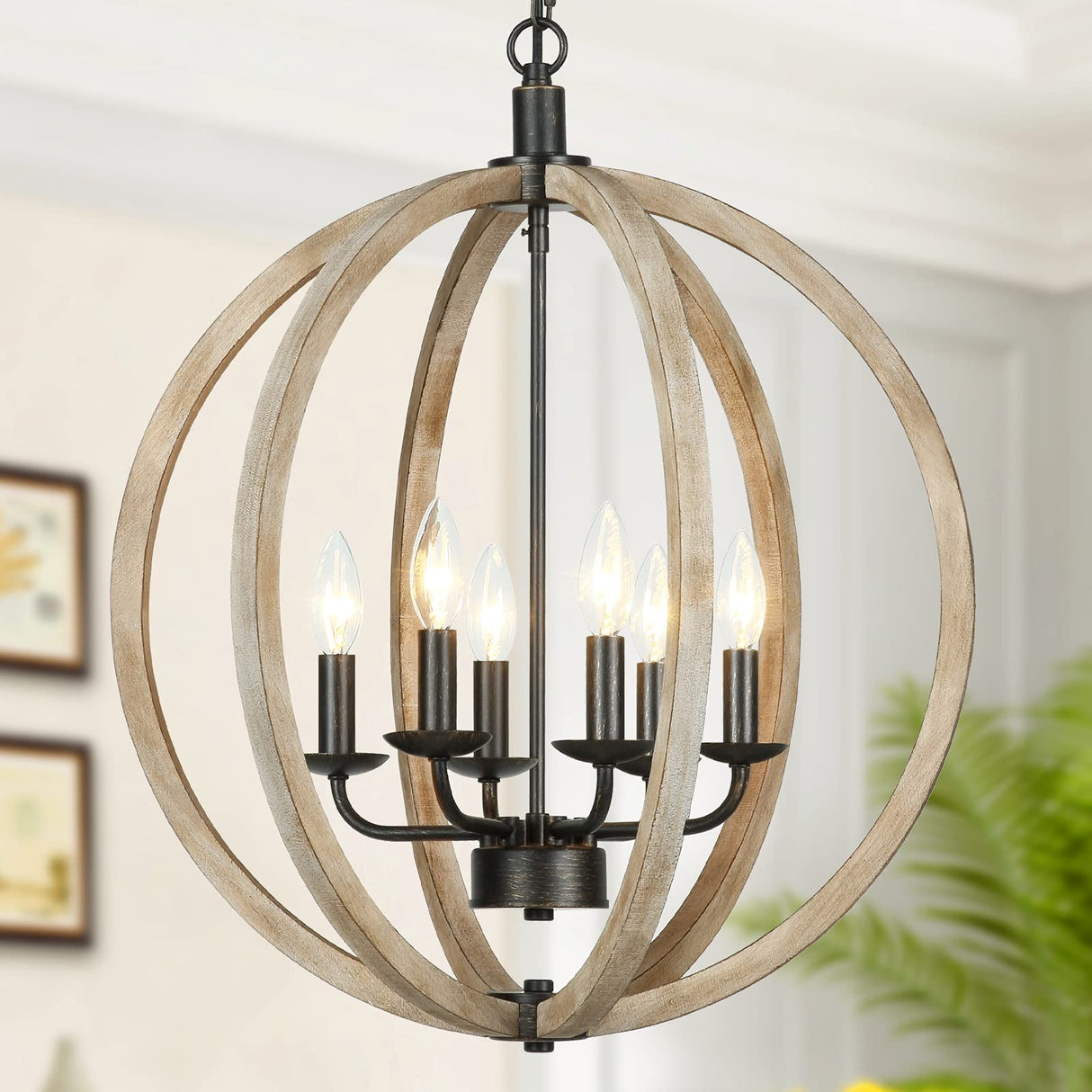 Eco-homely 6 Lights Farmhouse Chandelier - Orb Rustic Wooden Globe Chandelier for Kitchen Island, Foyer, Bedroom and Living Room (20 Inches, 6 Light) Eco-homely