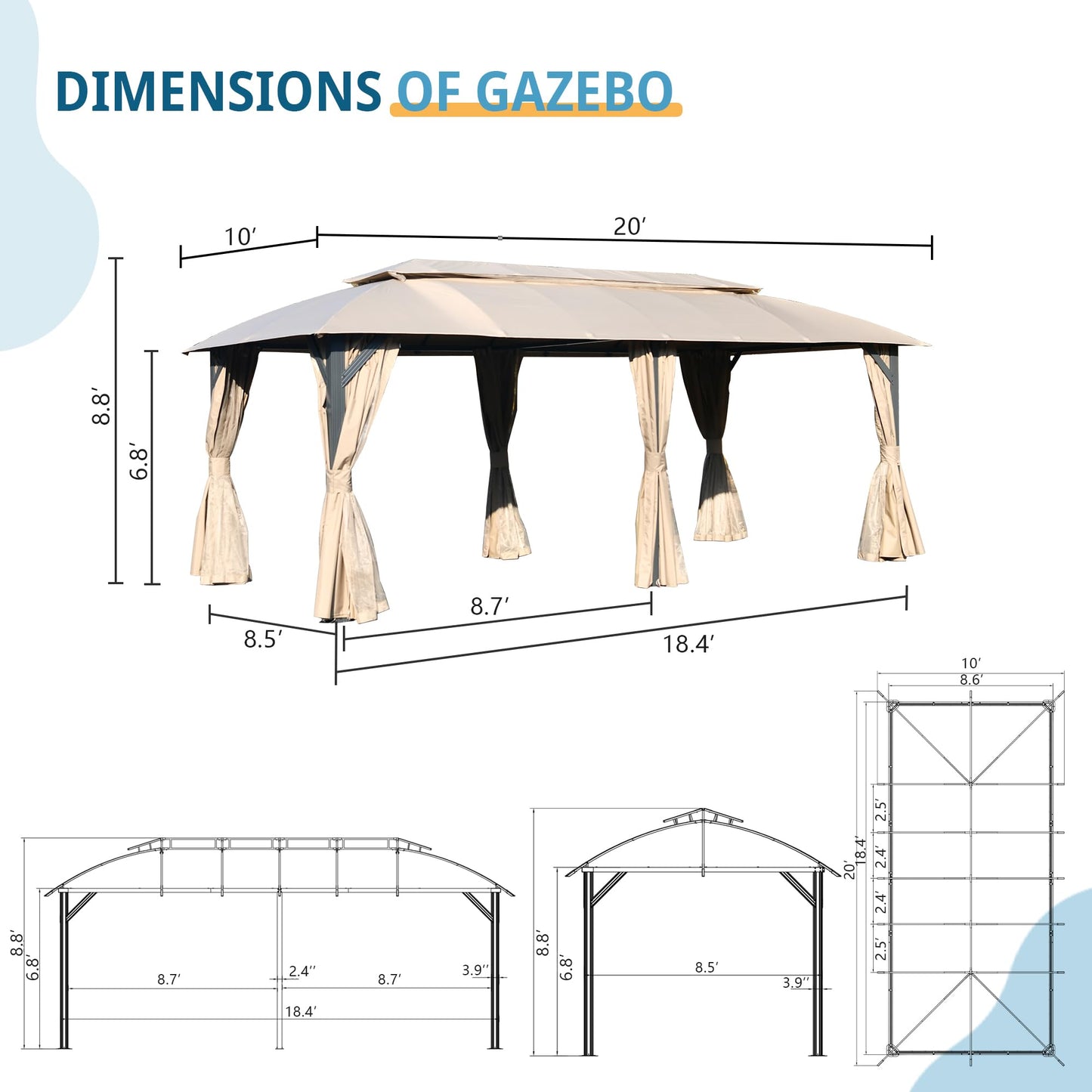 Domi Gazebo 10x20FT, Outdoor Gazebo with Double Roofs, Privacy Curtains, Mosquito Nettings, Heavy Duty Metal Frame Party Tent Canopy for Patio, Backyard, Deck, Lawn, Brown - WoodArtSupply