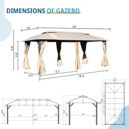 Domi Gazebo 10x20FT, Outdoor Gazebo with Double Roofs, Privacy Curtains, Mosquito Nettings, Heavy Duty Metal Frame Party Tent Canopy for Patio, Backyard, Deck, Lawn, Brown - WoodArtSupply