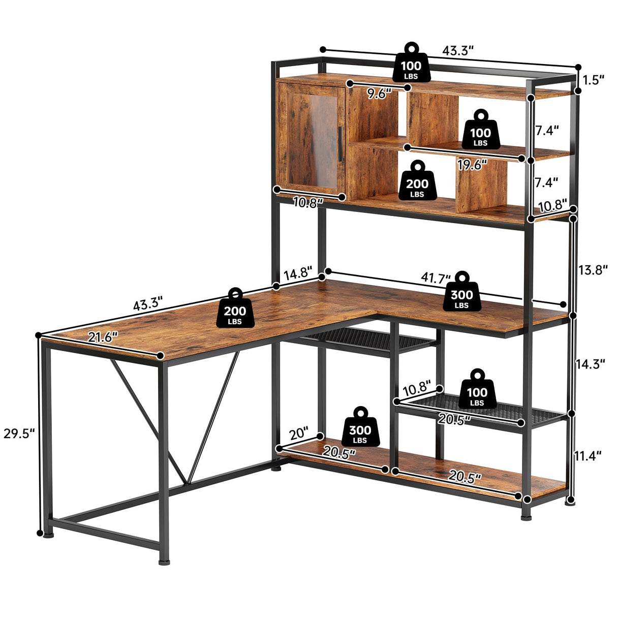 SEDETA 58'' L Shaped Computer Desk with LED Light and Bookshelf in Rustic Brown SEDETA