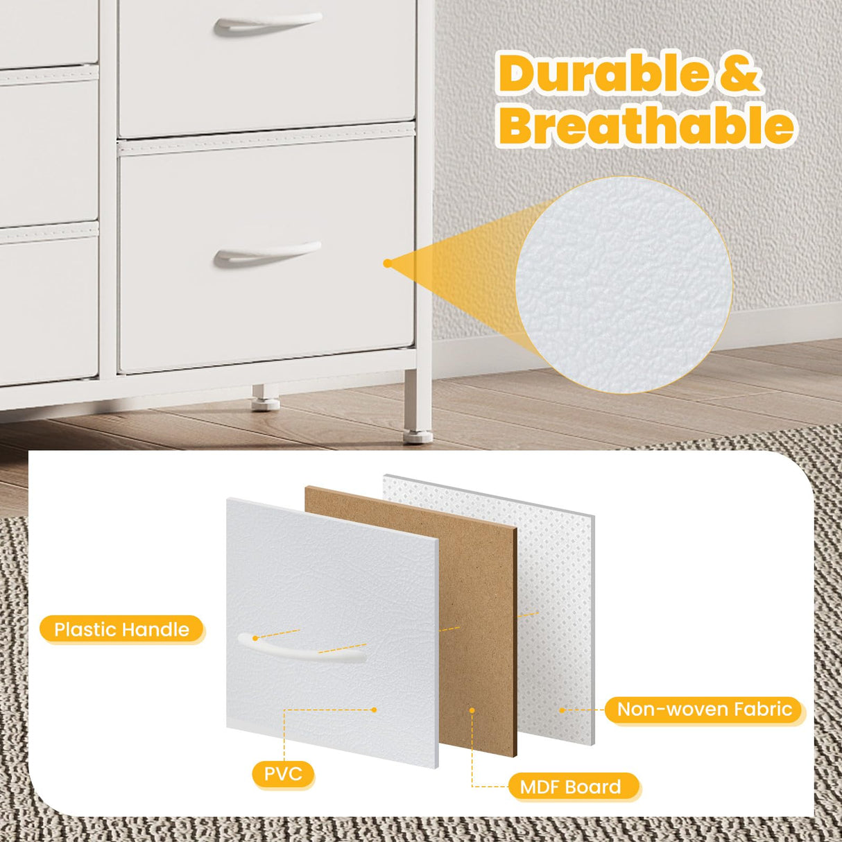 NEWBULIG Dresser for Bedroom with 7 Storage Drawers, Fabric Chest of Drawers with Metal Frame, Living Room Storage Organizers Units for Clothes, TV Stand and Hallway, White NEWBULIG