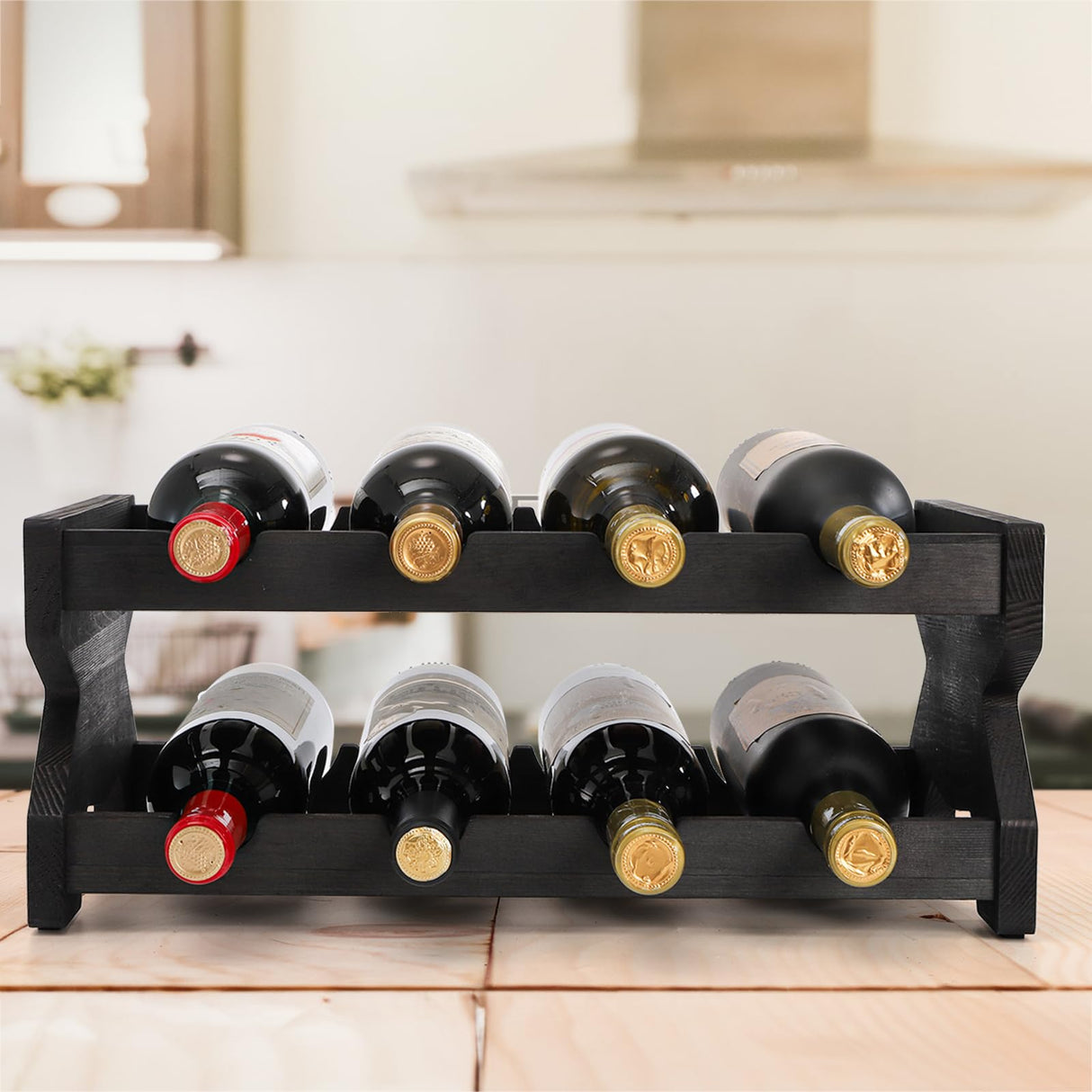Pumtus 2-Tier Wine Rack, 8 Bottles Wood Countertop Wine Storage Shelf, Tabletop Freestanding Wine Organizer, Space Saving Wine Display Stand, Wine Holder for Cabinet, Pantry, Bar, Kitchen, Cellar Pumtus