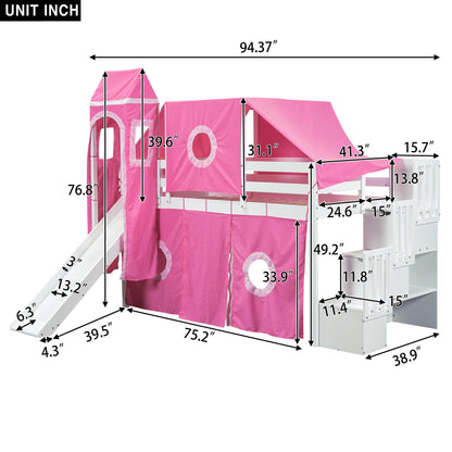 Harper & Bright Designs House Loft Bed with Slide and Storage Stairs, Wood Kids Loft Bed with Tent and Tower, Playhouse Loft Bed Frame for Kids, Teens (Twin Size, Pink)