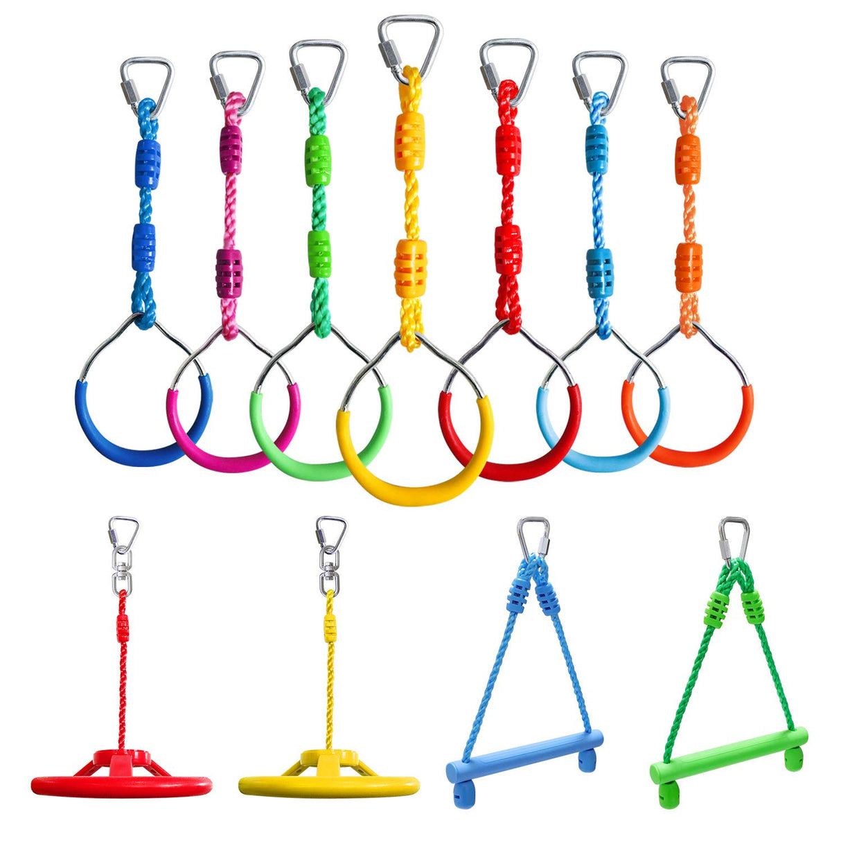 Craft Ninja Warrior Obstacle Course Accessories Kids Outdoor Play - 7pc Rings, 2pc Swing Trapeze Wheels & 2pc Monkey Bars Rainbow Craft