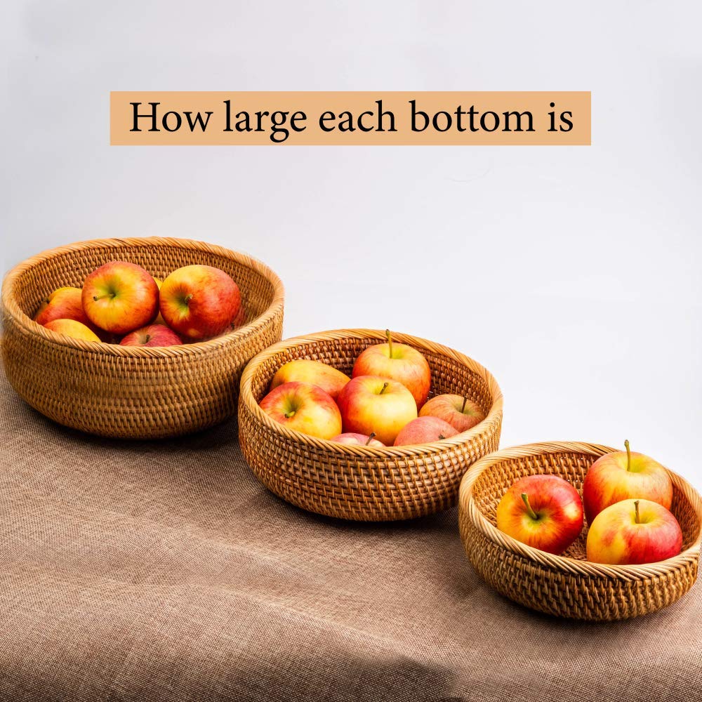 CLAYNIX Woven Fruit Basket For Holder Bowl Decorative Bread Vegetable, Serving Bowl Set of 3 For Organizing Kitchen Natural Rattan Picnic Basket Round Stackable (Natural) CLAYNIX