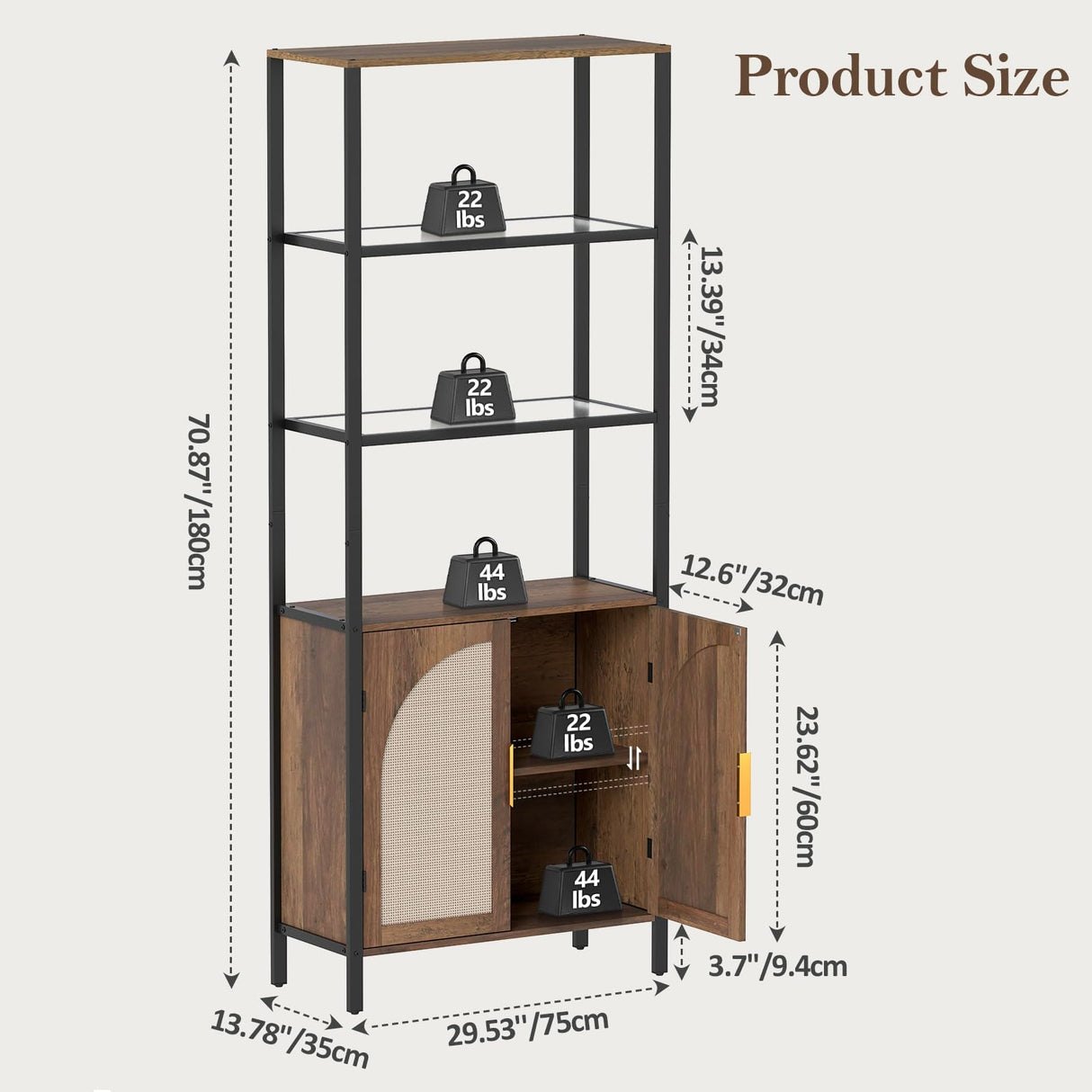Turosur Bookshelf with Rattan Doors & LED Lights, 71" Tall Bookcase with Storage & Adjustable Shelf, Boho Display Standing Shelf Unit for Bedroom, Living Room and Home Office Turosur