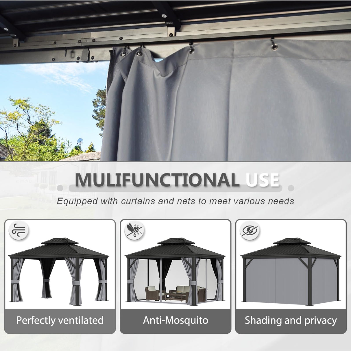 Aoxun 10' x 12' Hardtop Gazebo, Galvanized Steel Dual-Layer Roof, Permanent Aluminum Gazebo, Outdoor Metal Pergolas with Curtains and Netting, for Lawns, Parties, Gardens, Decks, Patios Aoxun