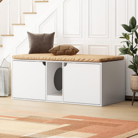 DAWNSPACES Cat Litter Box Enclosure for 2 Cats, Modern Wood Stackable Large Cat Washroom Storage Cabinet Bench End Table Furniture,with Removable Litter Box, White DAWNSPACES