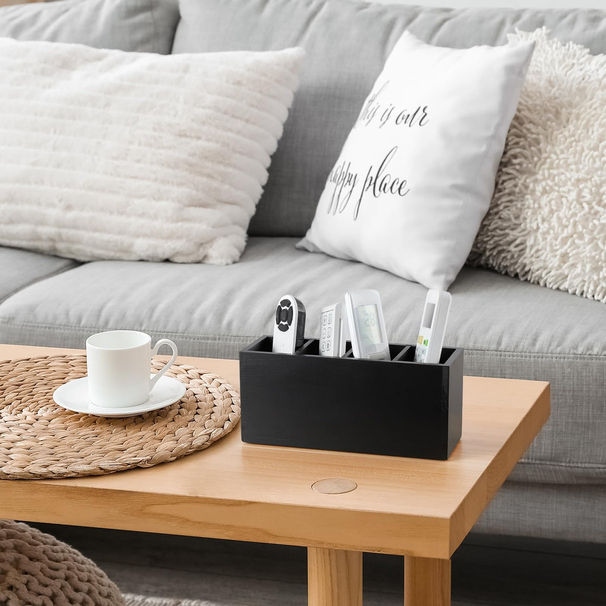 Bivvclaz Pencil Pen Holder for Desk, Wooden Office Desk Organizers and Accessories with 4 Slots for Countertop, Makeup Brush Holder Organizer for Bathroom Vanity, Silverware Caddy for Party, Black Bivvclaz