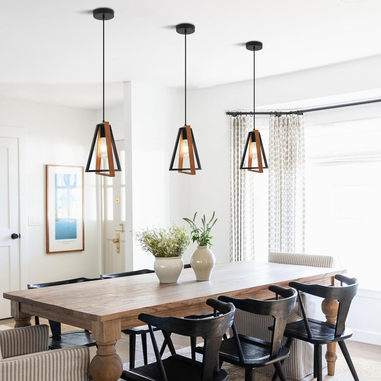 Magiroz Industrial Farmhouse Black and Wood Pendant Lights Kitchen Island 1 Light Adjustable Rustic Mini Wooden Hanging Light Fixtures Kitchen Single Pendant Lighting Over Island MPL28-1 (1 Pack) Magiroz