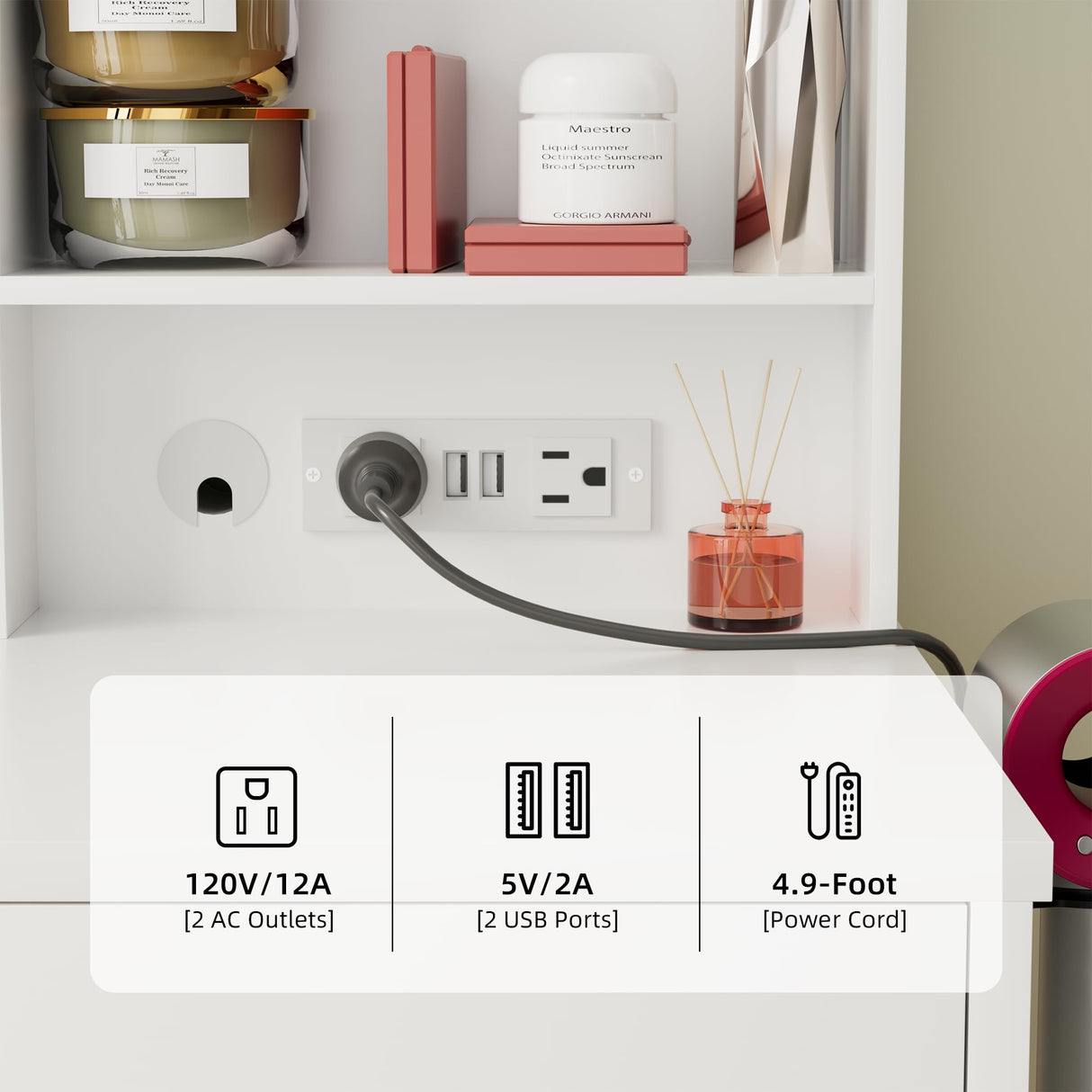 JUMMICO 39.3'' Vanity Desk with LED Lighted Mirror &Power Outlet, Makeup Vanity Table with 4 Large Drawers and 3 Storage Shelves, 3 Model Adjustable Lights for Bedroom & Dressing Room (White) JUMMICO