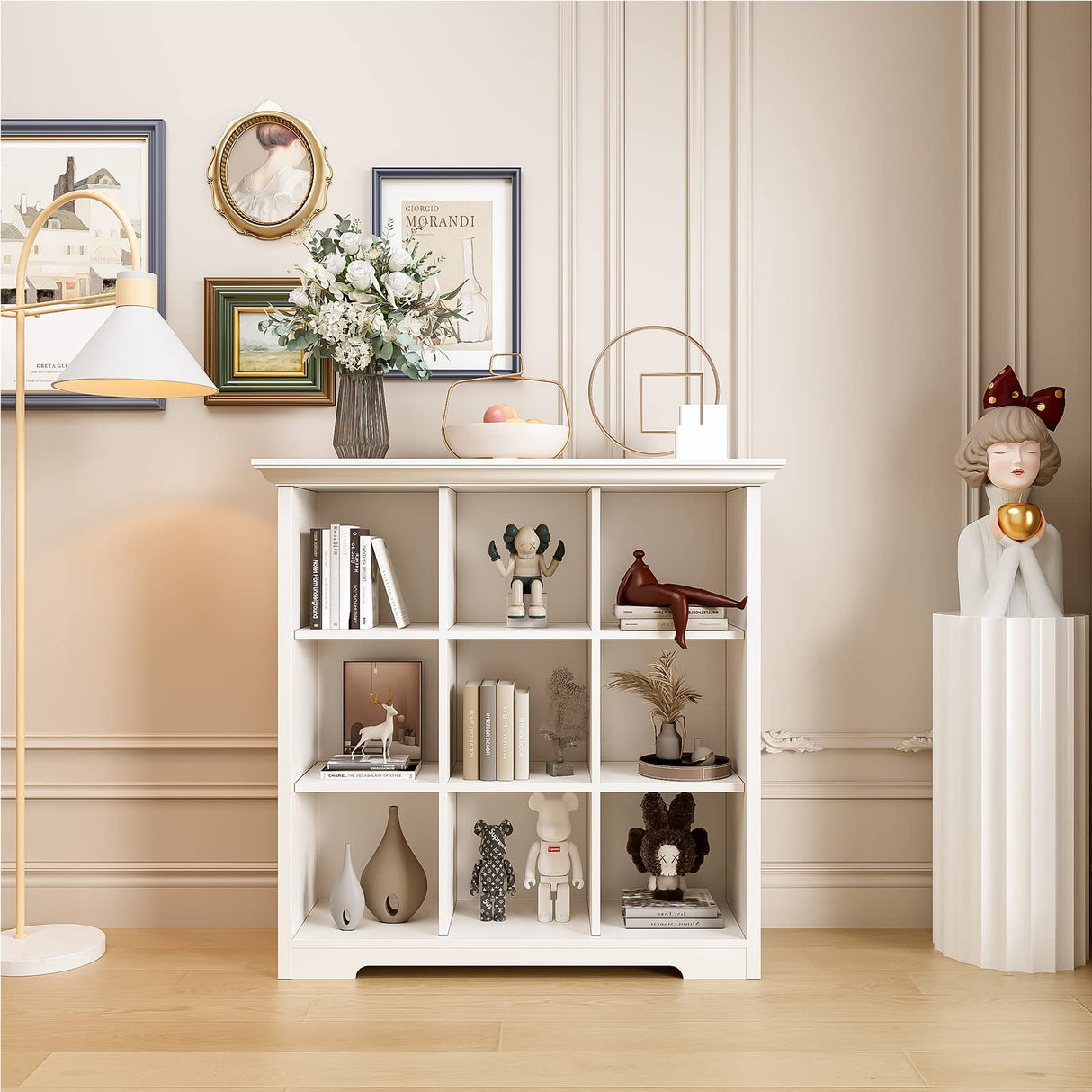 OSCHF Wooden Cube Shelf Bookcase - Modern 3 Tiers Floorstanding Open Bookshelf with Base for Home and Office, 9 Cubes Storage Cabinet, Warm White OSCHF