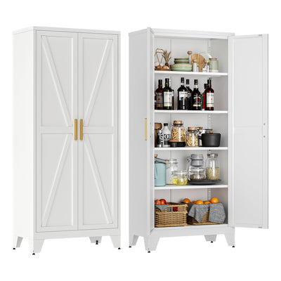 LCAOPC 71" Tall Metal Storage Cabinet with 2 Doors and 4 Adjustable Shelves, 5-Tier Kitchen Pantry Storage Cabinet for Kitchen, Living Room, Dining Room and Office, White