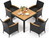 Tangkula 5 Pieces Patio Dining Table Set for 4, Rattan Conversation Set with Umbrella Hole, Seat Cushions & Acacia Wood Tabletop, Outdoor Dining Table with 8 Chairs for Backyard (Black) Tangkula