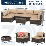 VONZOY Outdoor Patio Furniture Set 7 Pieces Sectional Rattan Sofa Set, PE Rattan Wicker Patio Conversation Set with 6 Seat Cushions and 1 Tempered Glass Table and Furniture Cover, Brown VONZOY