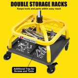 FreekyFit Rolling Shop Stool with Wheels, Garage Work Mechanic Stool with Backrest, Roller Mechanic Chair, Adjustable Height, 360° Swivel, Tool Tray Storage, 330 LBS Capacity, Heavy Duty, Yellow FreekyFit