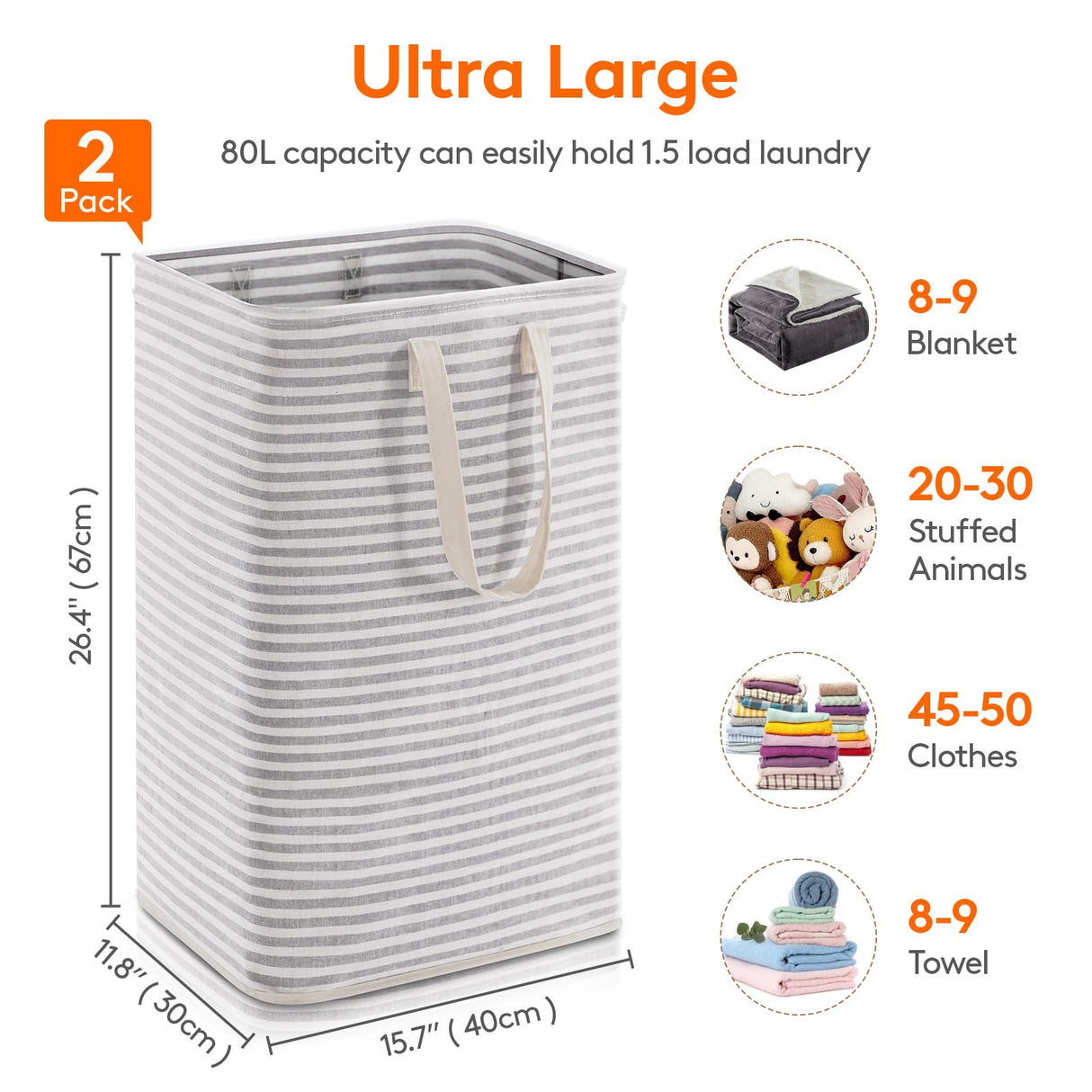Lifewit 2 Pack Laundry Hamper Large Collapsible Laundry Baskets, Freestanding Waterproof Clothes Hamper with Easy Carry Handles in Laundry Room Bedroom Bathroom College Dorm for Adults, Grey, 2 x 80L Lifewit