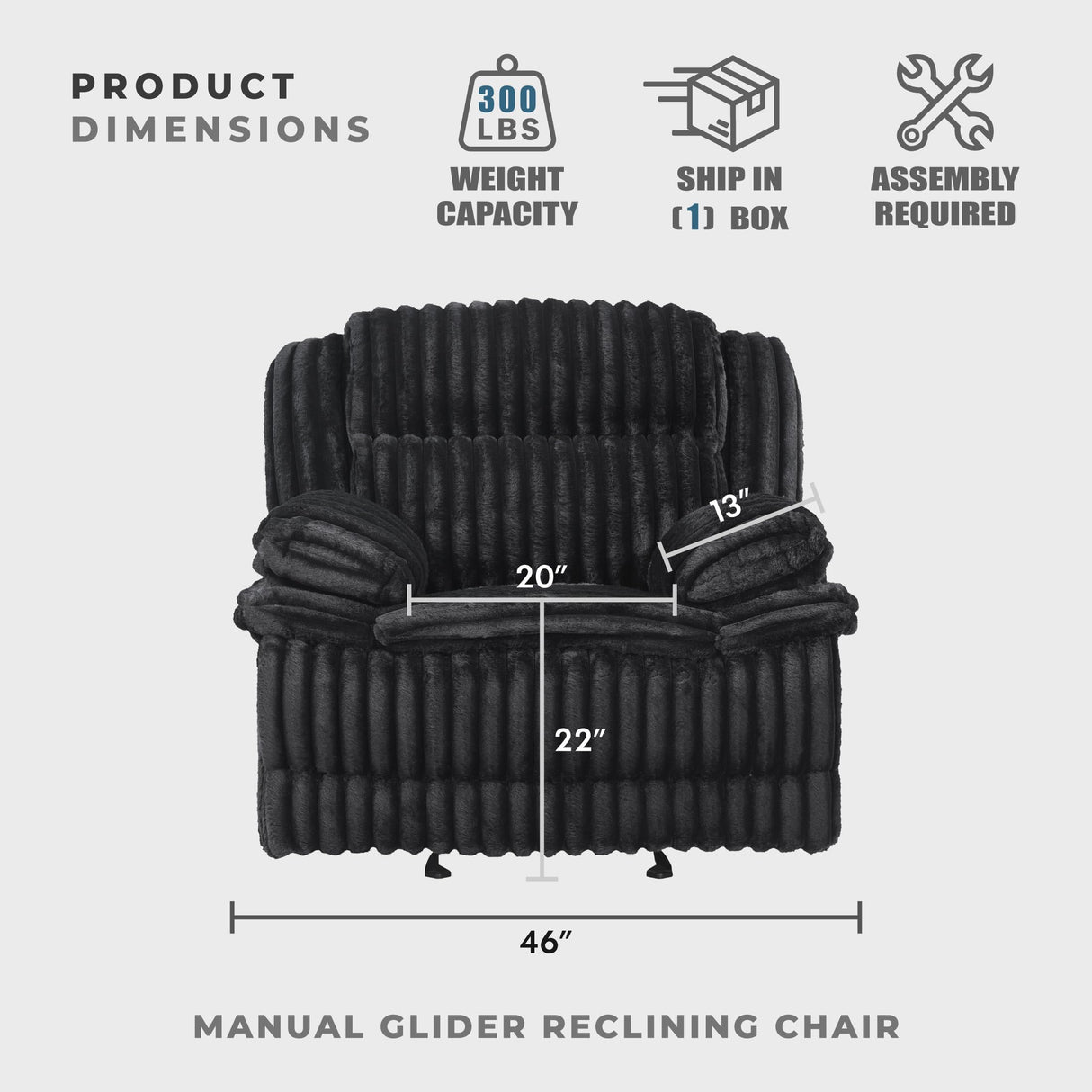 Lexicon Manual Glider Recliner Chair, Corduroy Manual Tab Pull Reclining Chair with Pillow Top Arms, Plush Cushions, Cozy Theater-Style Accent for Living Room/Bedroom, Easy Assembly, Black Lexicon