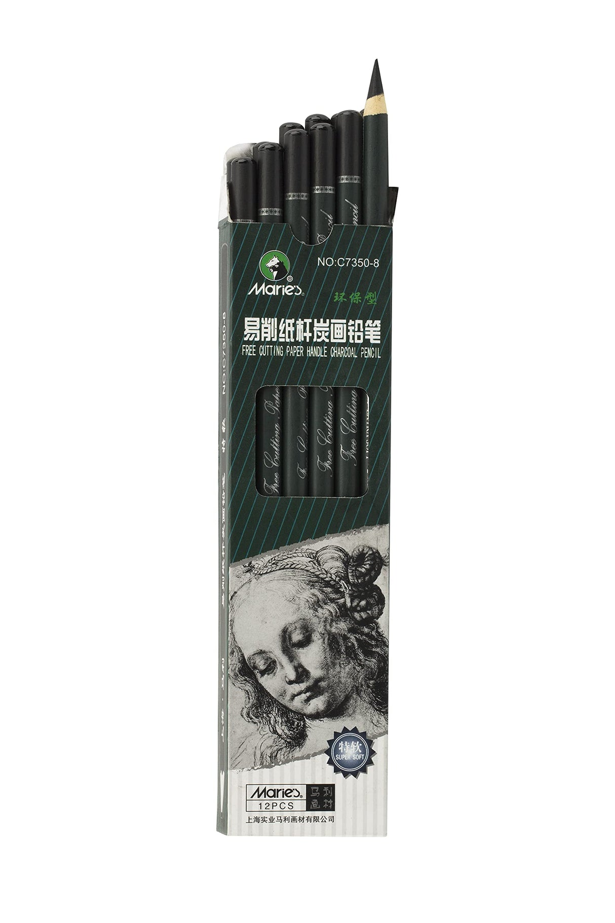 Marie's Artist Charcoal Pencil 12 Piece Set, Extra-Soft Black Paper Handle Charcoal Pencils for Drawing and Sketching Marie's