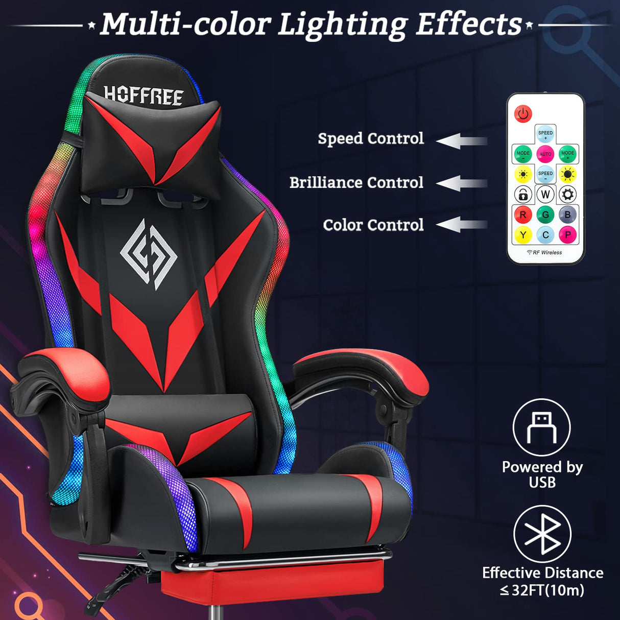 Gaming Chair with Speakers and LED Lights Ergonomic Computer Chair with Massage and Footrest Reclining Video Game Chair for Adults with Adjustable Lumbar Support Red and Black VANSPACE