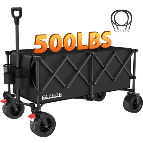 EAYNON 220L Collapsible Foldable Wagon with 500lbs Weight Capacity, Utility Wagon Cart Heavy Duty,with Big All-Terrain Beach Wheels & Drink Holders,for Camping, Garden, Sports, Beach, Shopping,Black EAYNON