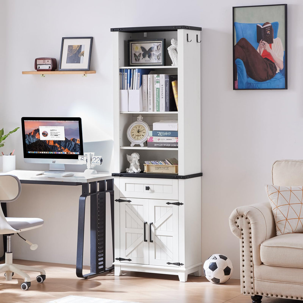 Joaxswe 72in Tall Bookshelf 7 Tier Bookcase with Drawer and Barn Doors and Adjustable Shelves, White Farmhouse Book Shelf with Storage Cabinet, Wood Freestanding Display Bookshelves for Living Room Joaxswe