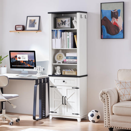 Joaxswe 72in Tall Bookshelf 7 Tier Bookcase with Drawer and Barn Doors and Adjustable Shelves, White Farmhouse Book Shelf with Storage Cabinet, Wood Freestanding Display Bookshelves for Living Room Joaxswe