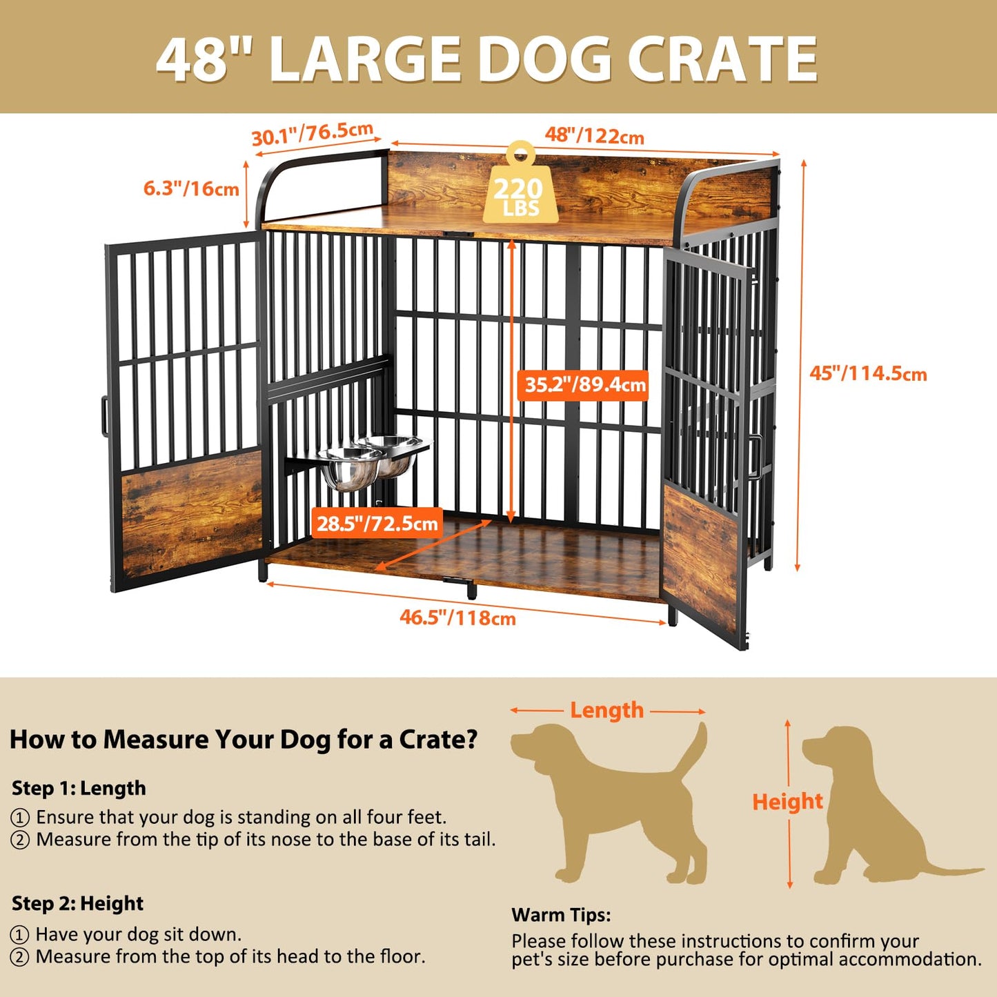 BEURUKU 48 Inch Large Dog Crate Furniture, Dog Kennel Indoor Large Breed with 2 Bowls 360° Adjustable, Dog Cage Table XXL Dog Crates for Large Medium Dogs, 48" L X 30" W X 45" H, Brown - WoodArtSupply