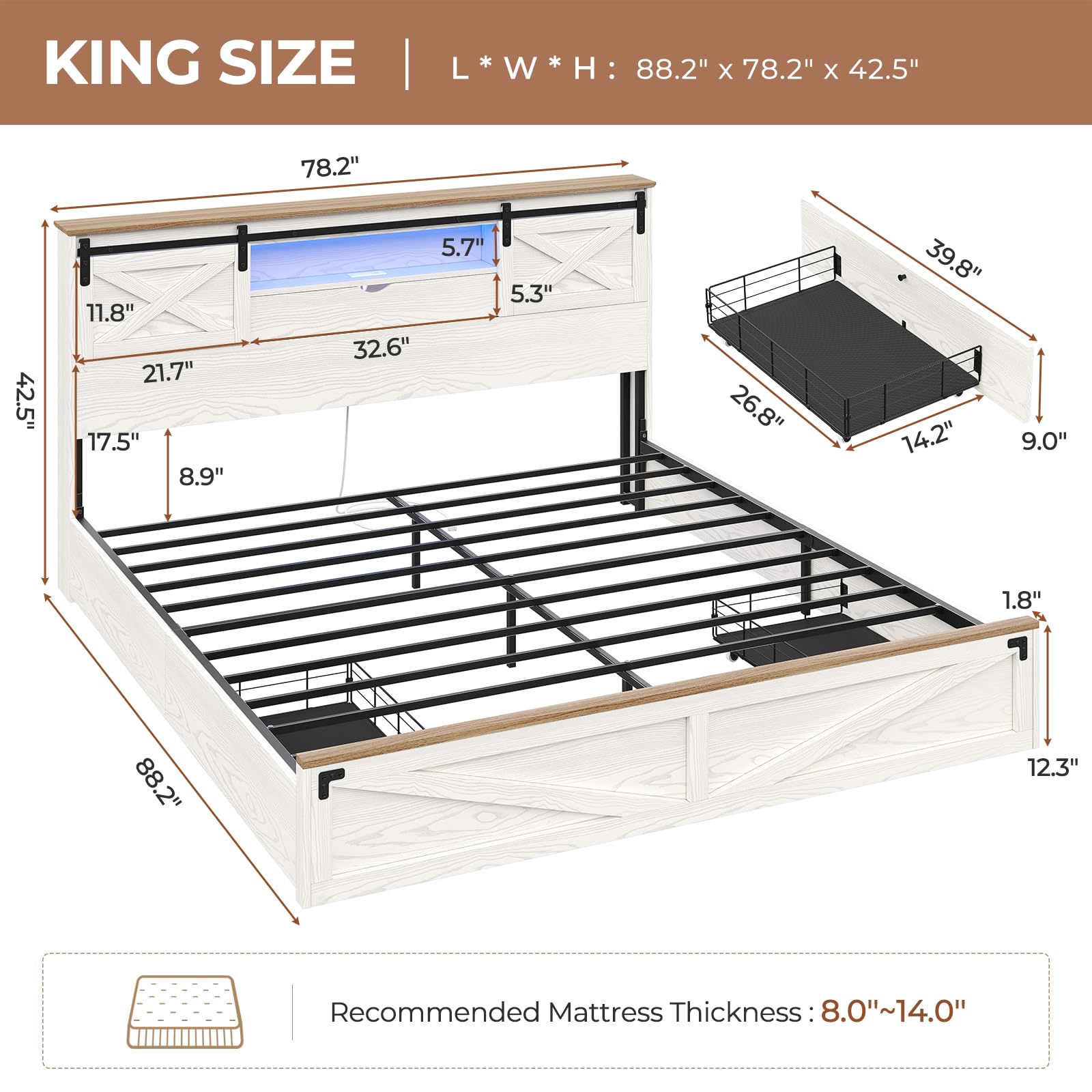 Hasuit Farmhouse Bed Frame King Size with LED Lights and Charging Station, Wooden King Bed with 2 Storage Drawers, Rustic Headboard with Sliding Barn Door Storage Cabinets, White - WoodArtSupply