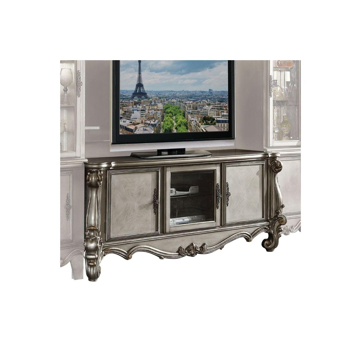 Acme Versailles 3-Door Wooden TV Console in Antique Platinum and Gray