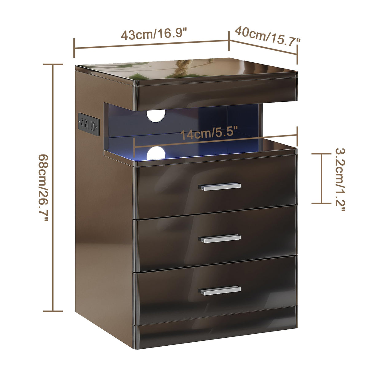 Treocho Led Nightstand with Hidden Space, Modern Night Stand with Charging Station, 3 Drawer Smart Nightstand with Glossy Finish, Tall Bedside Table with RGB Lights for Bedroom, Black Treocho