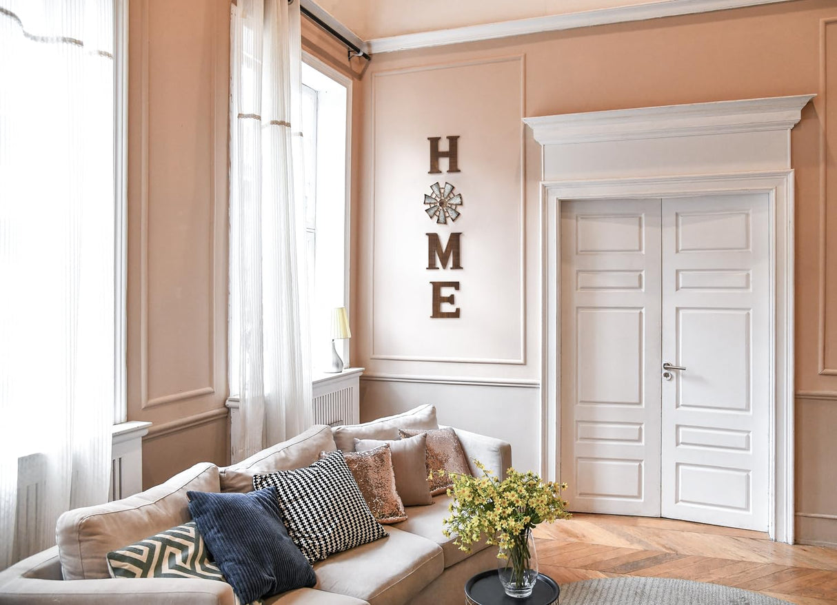 Mkono Farmhouse Wall Decor Wooden Home Sign with Metal Windmill for O Rustic Hanging Letters Decorative Art Signs Living Room Kitchen Bedroom Entryway House, Brown Mkono