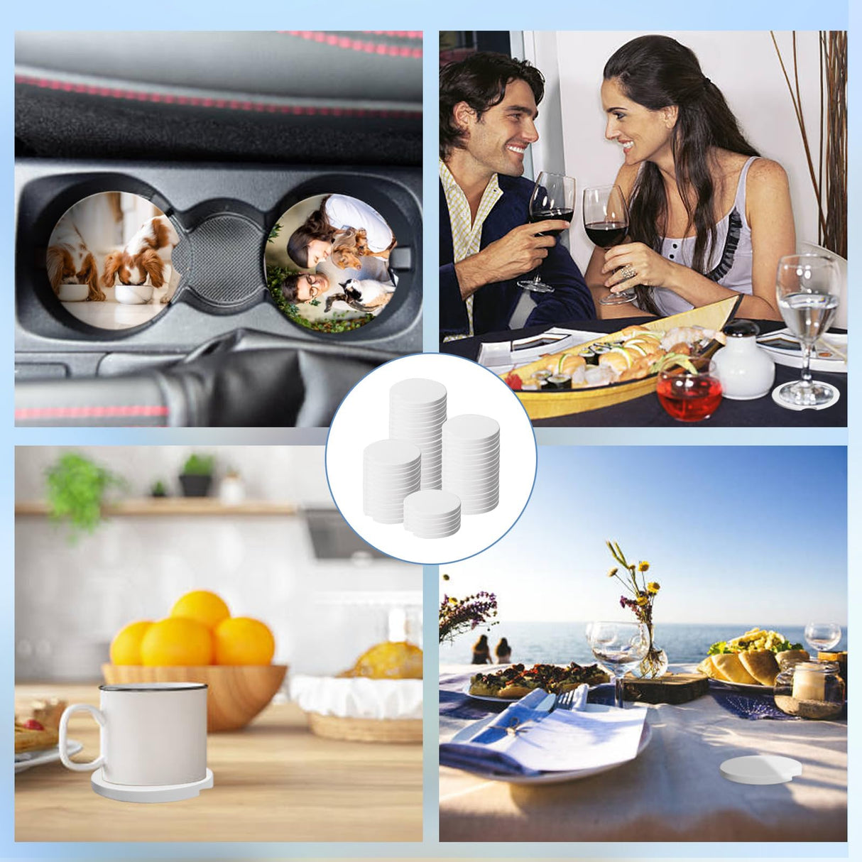 312 Pcs Ceramic Car Coasters with Bags and Cards Set 2.64” Sublimation Car Coasters Blanks Bulk Ceramic Car Cup Holder Coasters with A Finger Notch for Easy Removal Car Coaster Packaging DIY Craft Olutacot