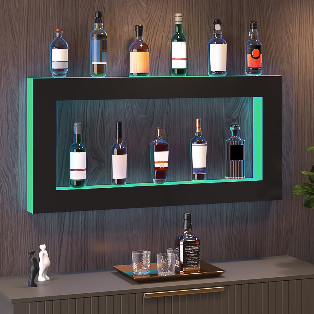 VEVOR LED Lighted Liquor Bottle Display Shelf, Square 48 Inches, Supports USB,Illuminated Home Bar Shelf w/RF Remote & App Control 7 Static Colors 1-4 H Timing, Acrylic Wall-Mounted Shelf VEVOR