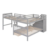 L Shaped Bunk Beds for 3, Triple Bunk Bed with Stairs and 3 Storage Drawers, Twin Over Full Bunk Bed with Twin Size Loft Bed attached, Wooden Bunk Bed Frame for Kids Teens Girls Boys (Gray) Harper & Bright Designs