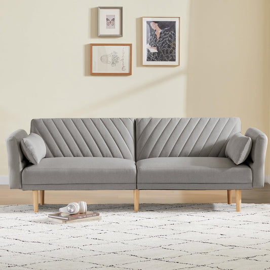 WILLOVE Futon Sofa Bed, 78" Modern Futon Couch, 3 Seater Folding Bed Tufted Couch with Adjustable Backrests and Armrest, Solid Wood Legs for Living Room, Bedroom, Small Room, Light Gray