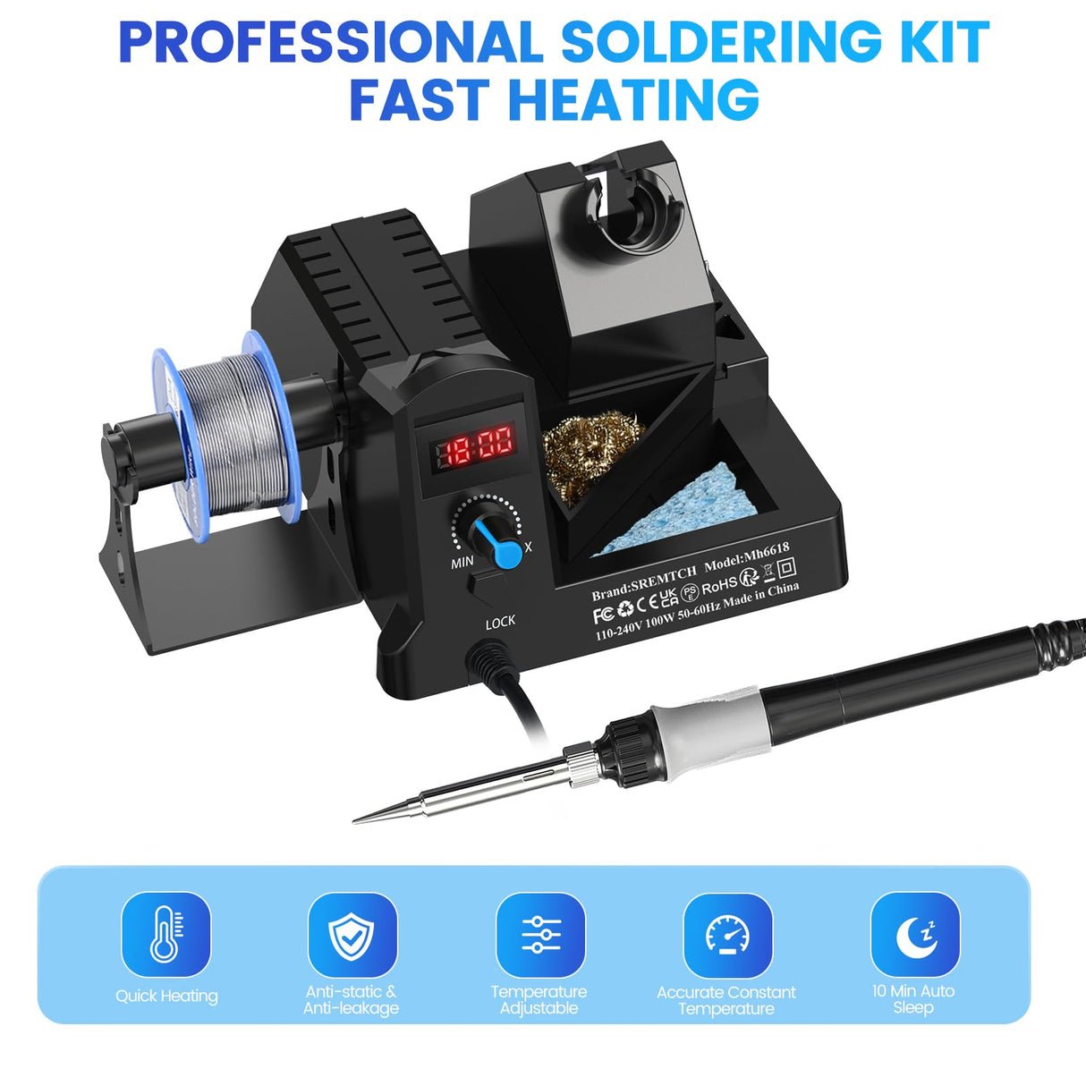 SREMTCH 100W Digital Display Soldering Iron Station Kit, 12-in-1 Soldering Station with 5 Iron Tips, Solder Paster, Lead-Free Solder, Solder Sucker, S/S Tweezers, Auto Sleep 180°C to 480°C Temperature SREMTCH