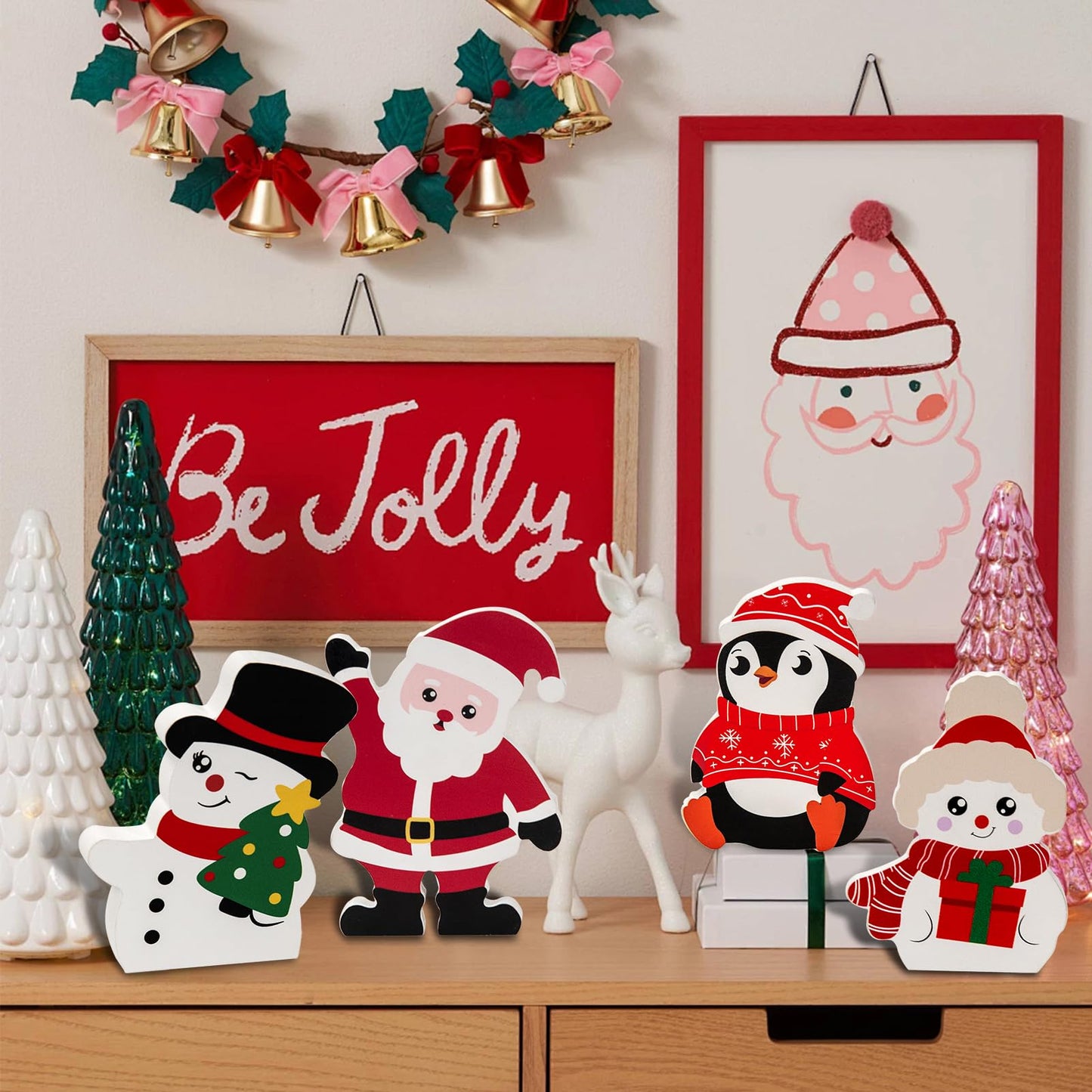 Fashlits 6 Pcs Christmas Snowman Wooden Decorations Indoor, Cute Winter Wood Table Sign with Snowman Penguin Elk Santa Claus for Xmas Party Home Office Shelf Decor