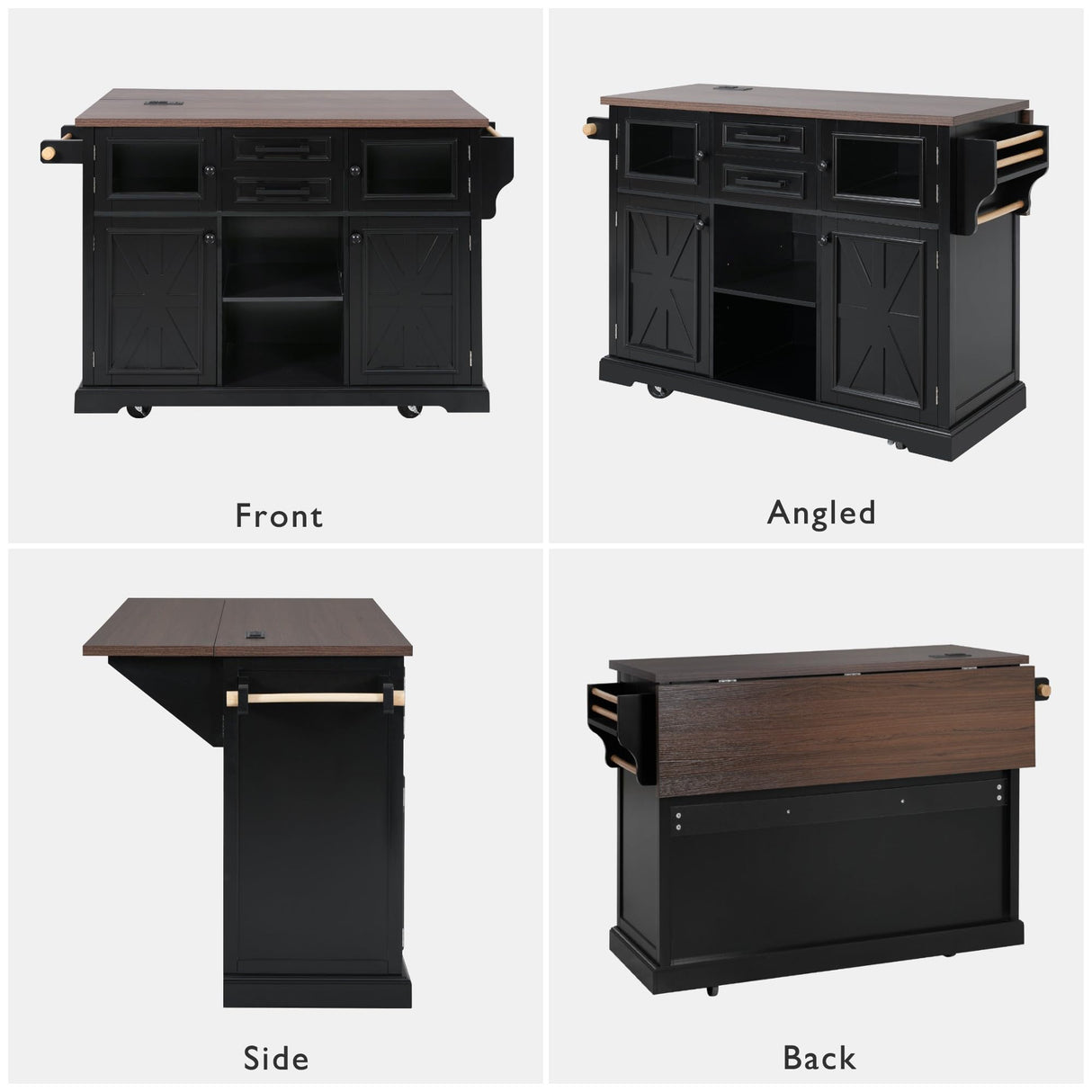 Merax 54.9" Kitchen Island with Drop Leaf, Power Outlet, Rolling Kitchen Storage Cart on 4 Wheels with 4 Door Shelves, Cross Barn Doors & Visual Glass Door for Dining Room,Brown Merax