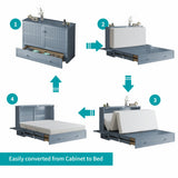 BALUS Queen Murphy Bed with Built-in USB Charging Station, Cube Cabinet Bed with Tri-Folding Memory Foam Mattress, 2 Storage Drawers, Space-Saving Wall Chest Beds for Guest Room/Apartment, Grey-Blue BALUS