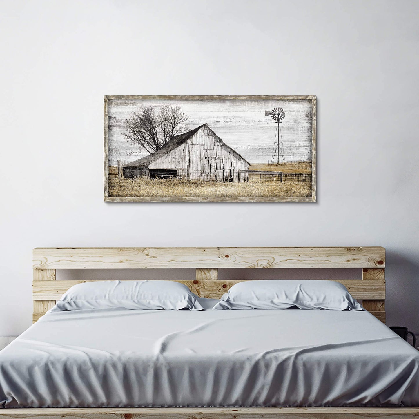 Barn Framed Wall Art Farmhouse: Rustic Farm Wood Picture Decor Large Windmill Country Scene Painting Horizontal Nature Landscape Artwork Panoramic Countryside View Print for Home Living Room  - WoodArtSupply