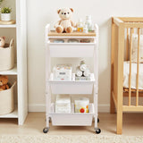 3 Tier Rolling Utility Cart with Drawer, Plastic Drawer Storage Snack Craft Book Cart with Lockable Wheels & Wood Tabletop, Metal Shelf Storage Organizer Cart for Kitchen, Bedroom, Office, White Time Forest
