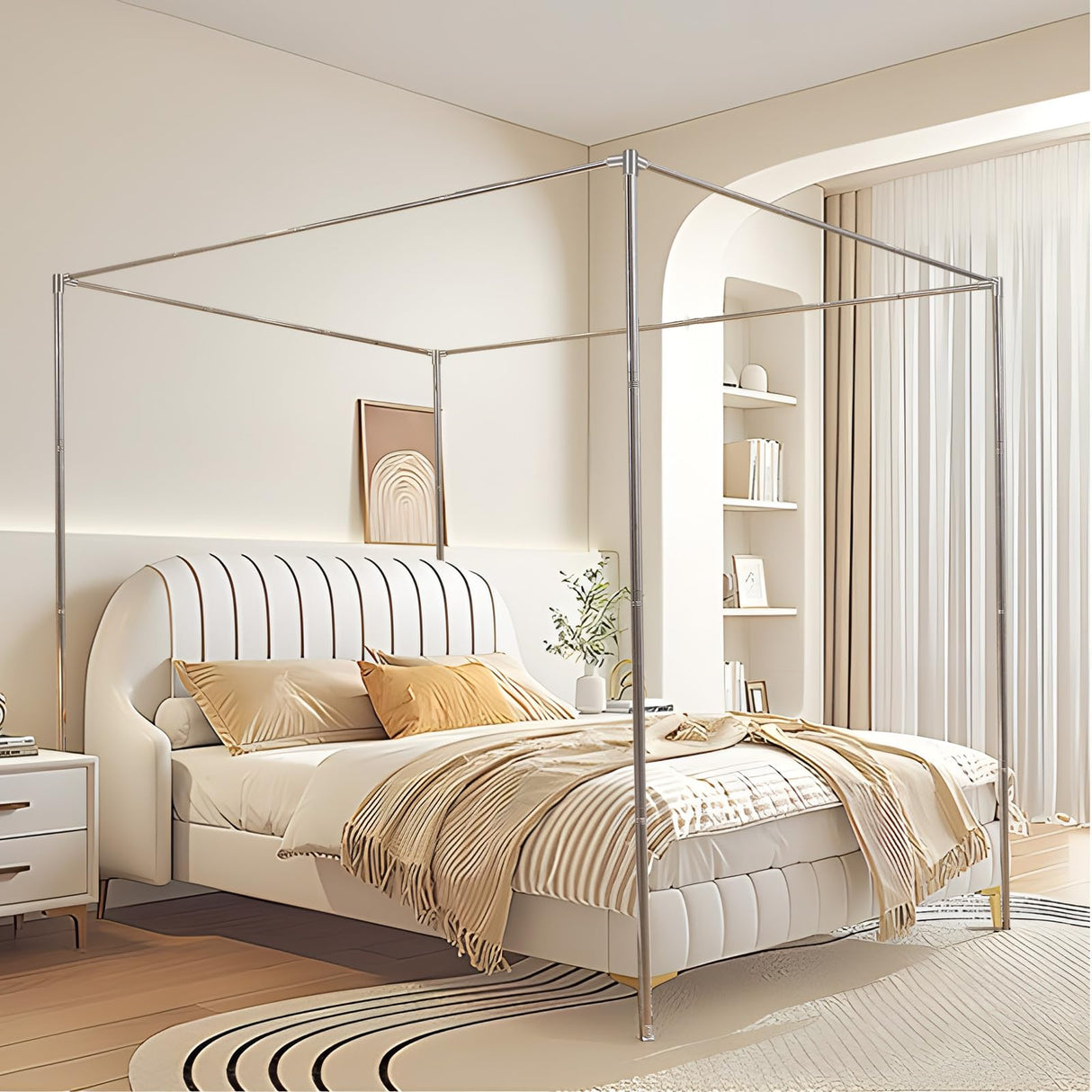 Stainless Steel Canopy Bed Frame by SEAYNFESH – Full Size Metal Frame with Sturdy Four Corners Design for Stylish Bedroom Decor SEAYNFESH